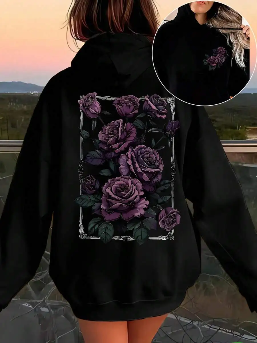 Women's Vintage Style Fleece Hoodie, Loose Fit Dark Purple Rose Frame Graphic Print Pullover Hoodie, Fall Clothes For Women, Kangaroo Pocket Design.