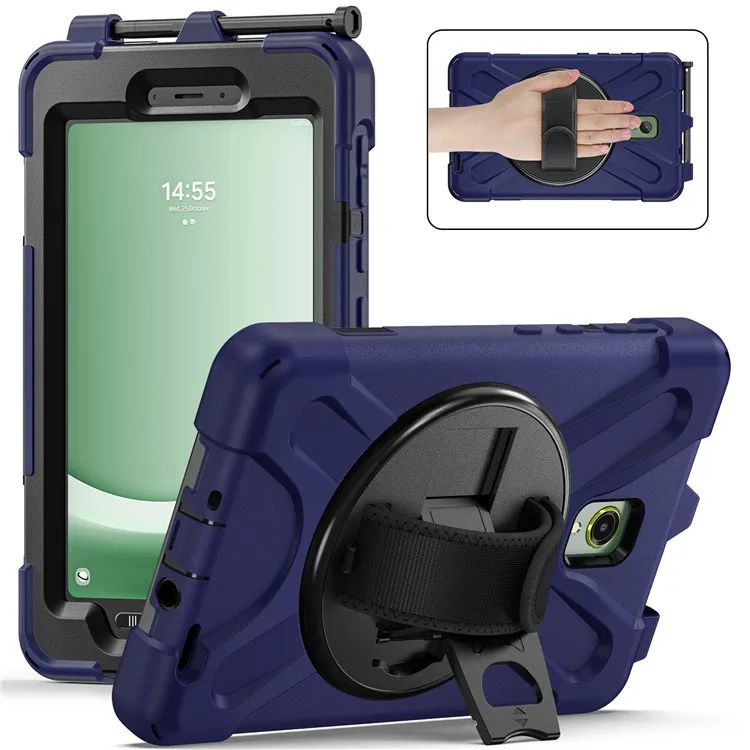 

For Samsung Galaxy Tab Active 3 T570 / Tab Active5 X306B Case Hand Strap Kickstand PC+Silicone Rugged Cover - Navy Blue