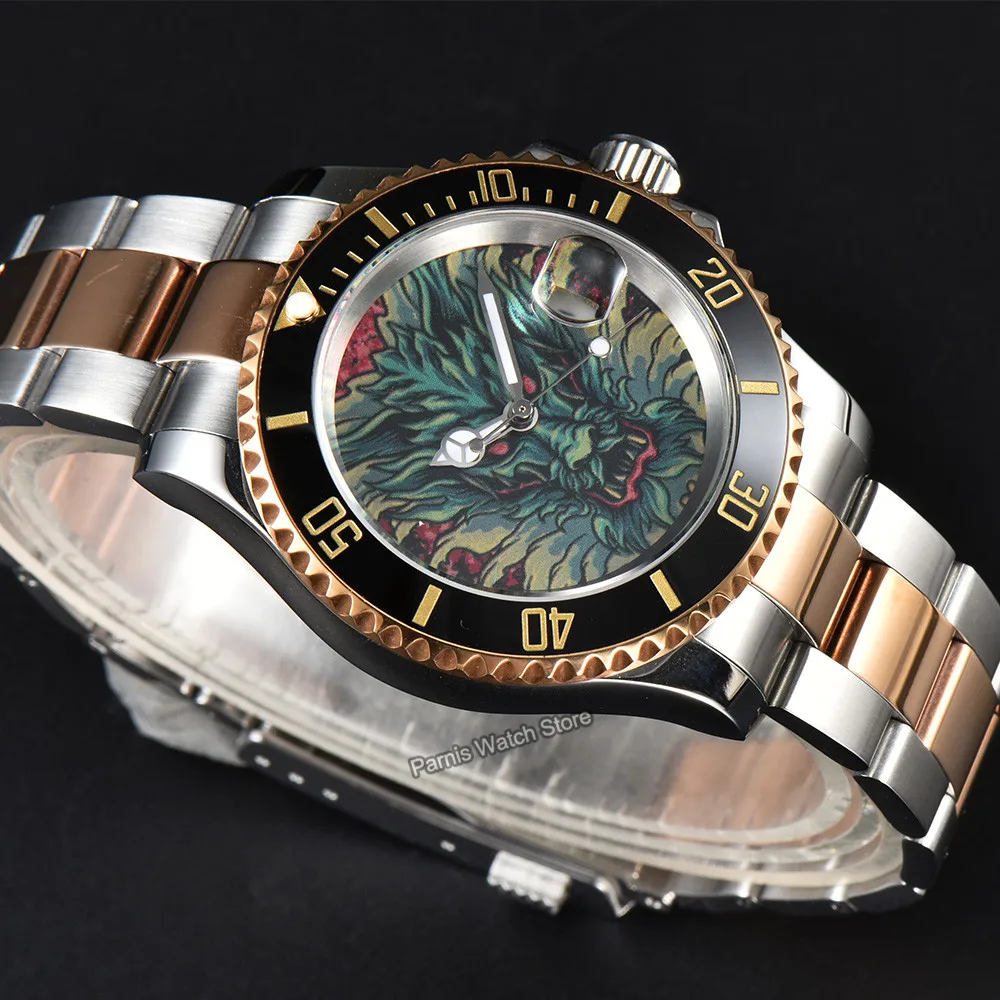 Parnis 41mm Automatic Movement Date Window Men Custom Drawing Watch Stainless Steel with Rose Gold