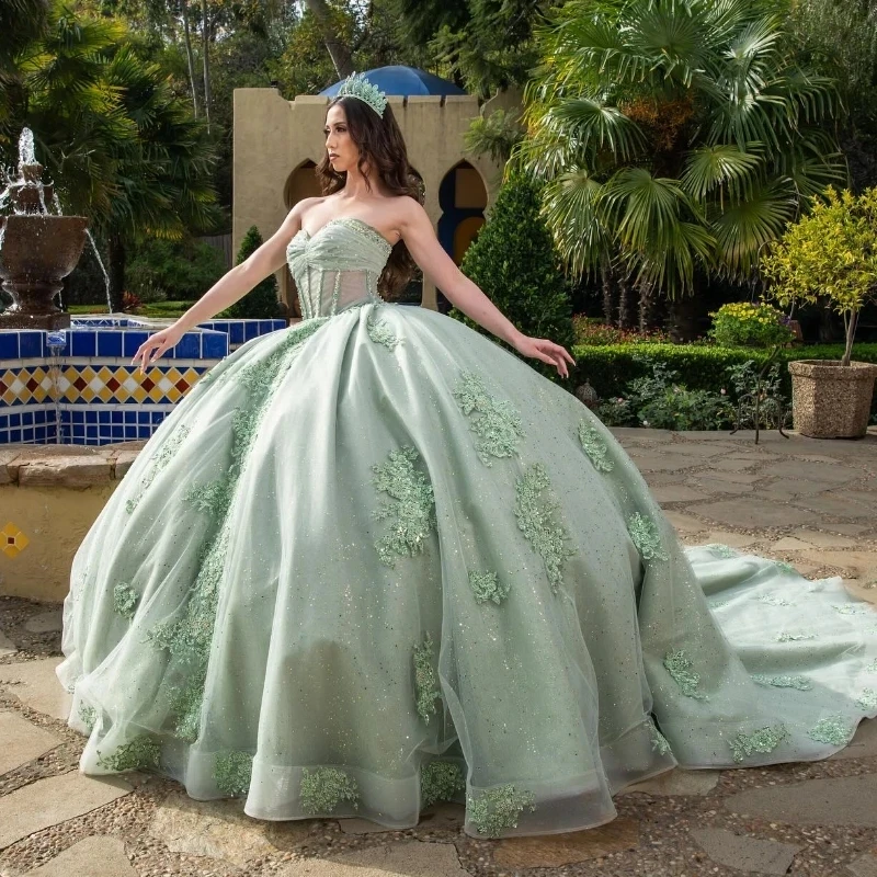 Vestidos de princesa Quinceanera com brilho verde claro, aplique fora do ombro, miçangas de renda, vestido de baile floral com renda, 15 V