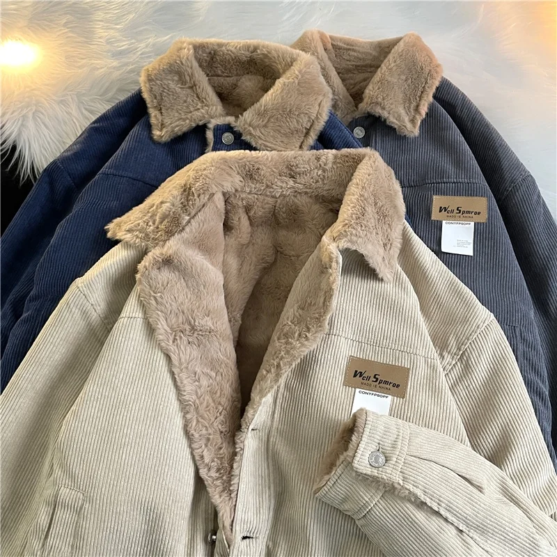 Men's Corduroy Jacket Thickened Lamb Fur Lined Winter Coat Loose Fit Vintage Collar Trendy Cotton Clothing Cleanfit Style