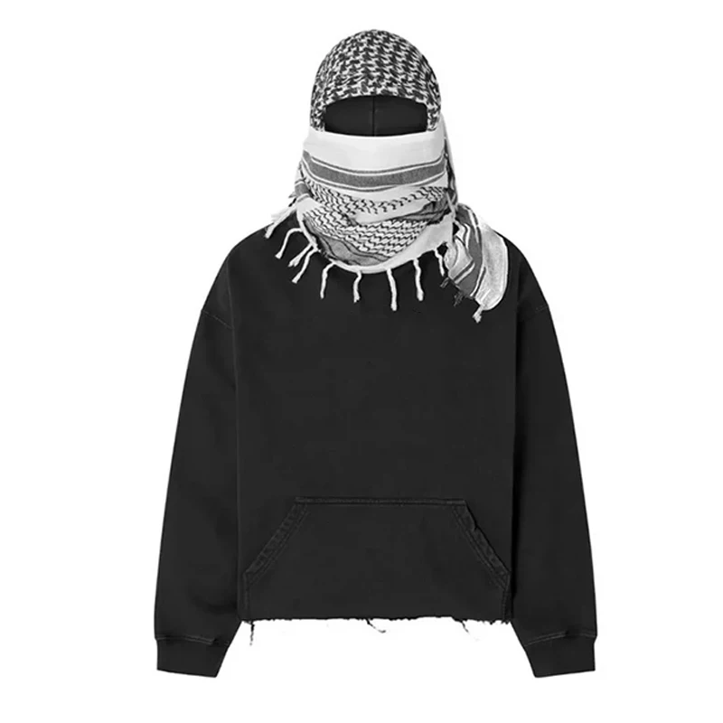 Y2k hip-hop style black cut hoodie with Arabian desert scarf set, worn hem suitable for street retro fashion hoodie