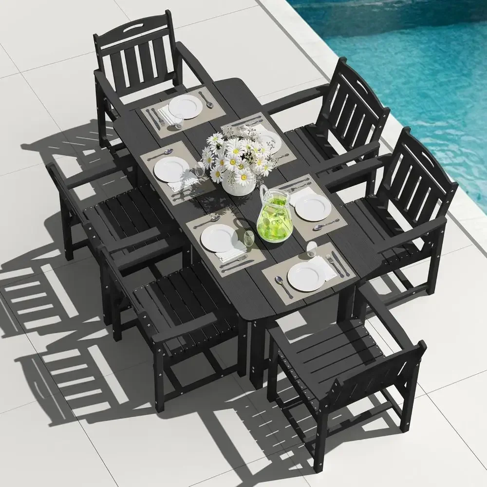 

All-Weather 7-Piece HDPE Outdoor Dining Set with 6 Chairs and Umbrella Hole for Patio, Garden, Poolside, Deck | Black