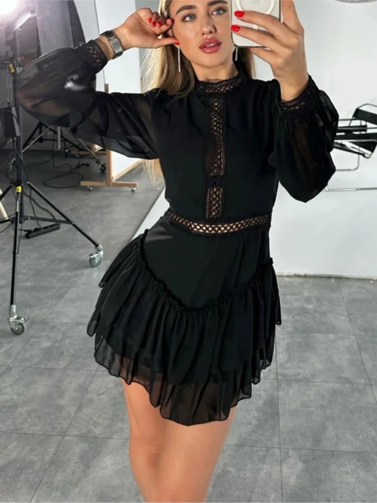 

Dresses 2026 Woman Fashion Hollow Out Evening Dress New Long Sleeve Temperament Vestidos High Waist Solid Color Package Hip Slim