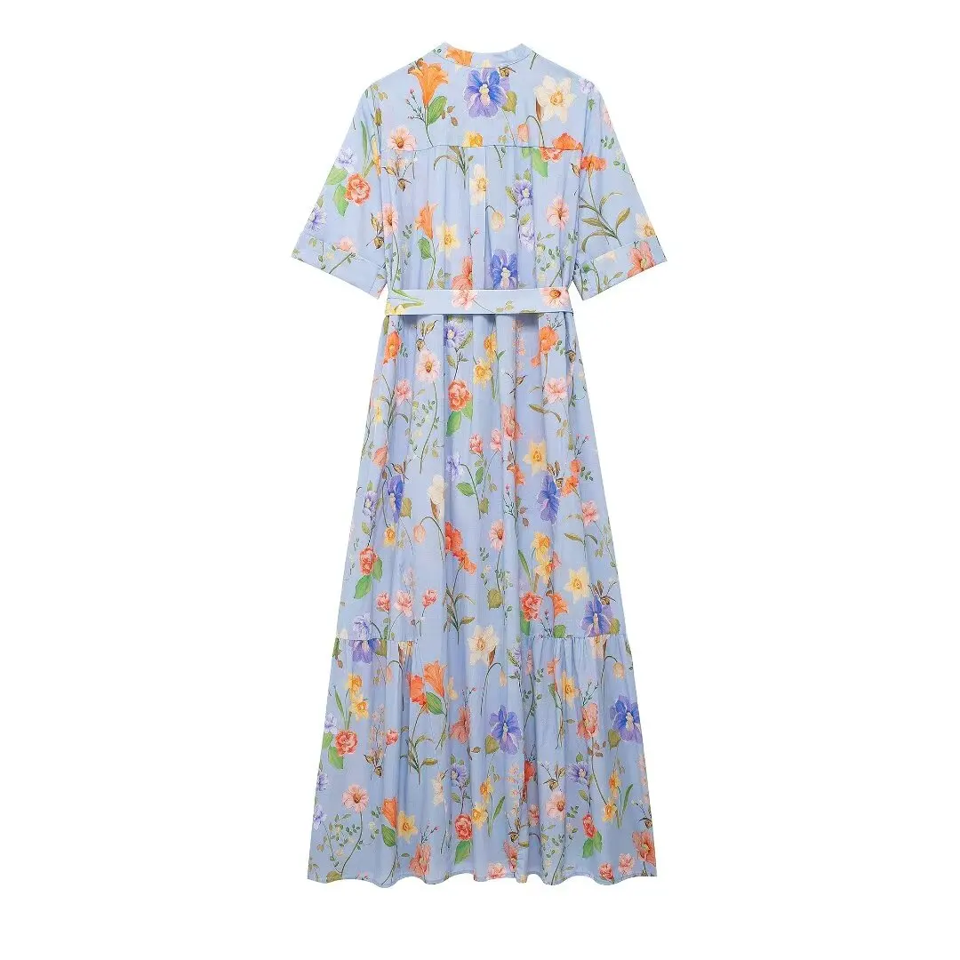 Robe mi-longue imprimée fleur Joker pour femmes, manches courtes, rétro, nouvelle mode, éducatif, tempérament, 2024