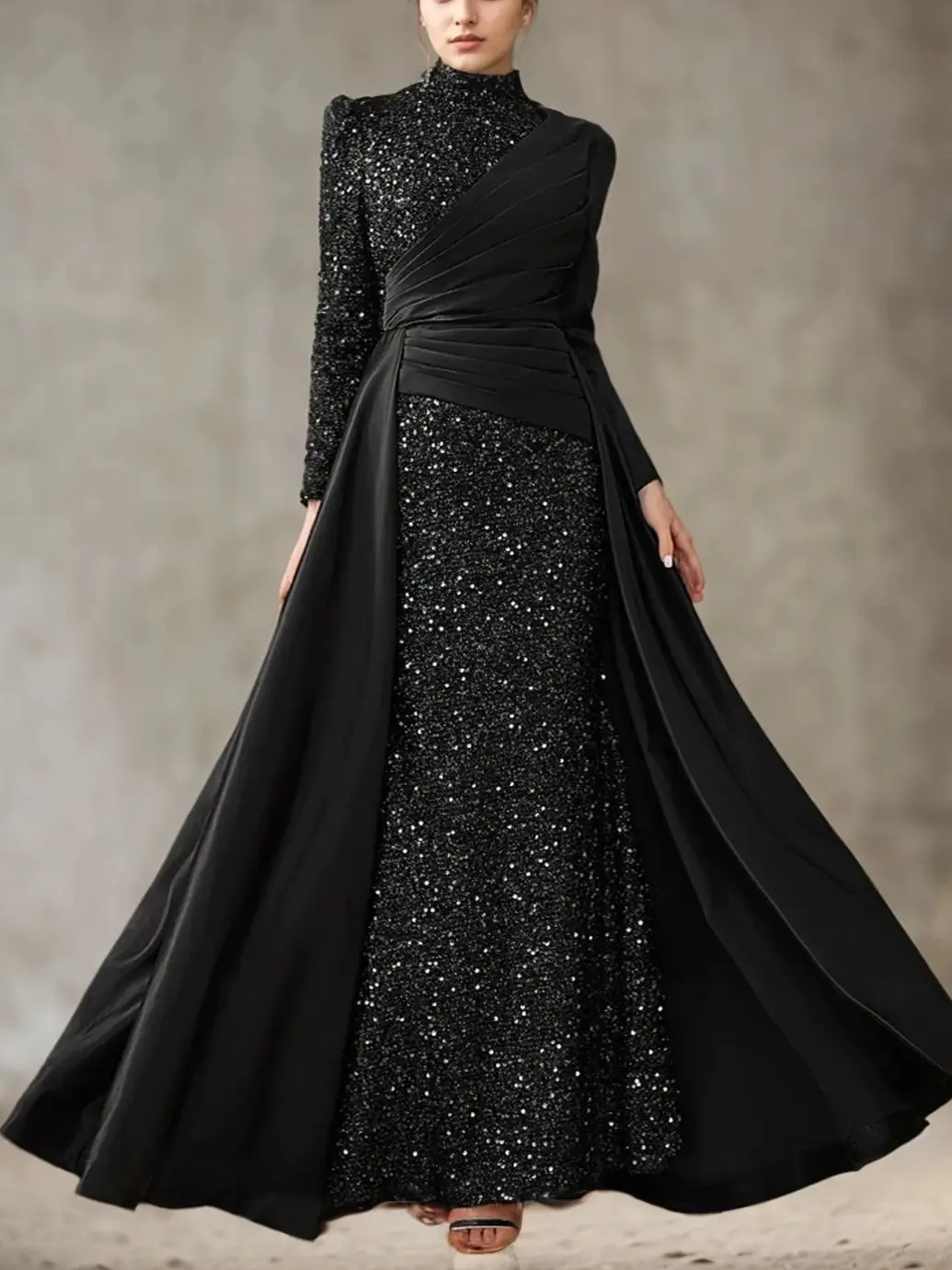 Abito da sera formale a sirena vintage di lusso collo alto manica lunga in raso con paillettes volant abito lungo fino al pavimento 2025 personalizzato gratuito