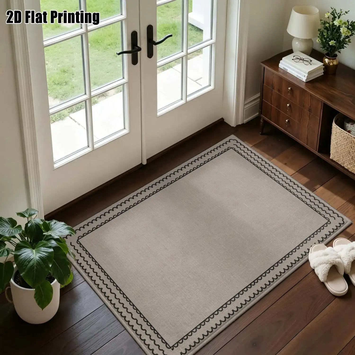 1Pc 2D Printed Carpet: Light Brown Wave Border, Nordic/Instagram Style, Minimalist Home Decor Mat, Machine Washable, Multi-Size, Suitable for Entrance, Dining, Foyer, Study, Living Room, Bedroom