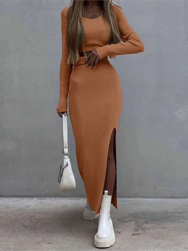 Sexy Half Length Skirt Two-piece Set Autumn Winter Women's Fashion O-neck Long Sleeves Top Stretch Hip-hugging Skir Knitted Suit
