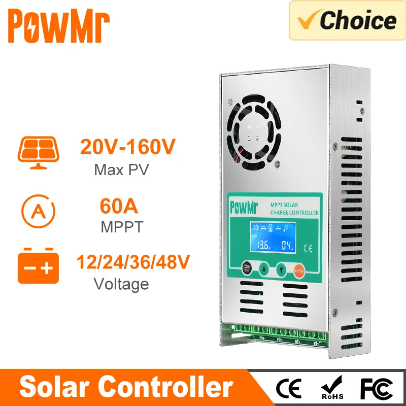 PowMr MPPT Solar Charge Controller 60A Battery Charger 12V 24V 36V 48V Auto Max PV 190VDC For Lead Acid Lithium Battery