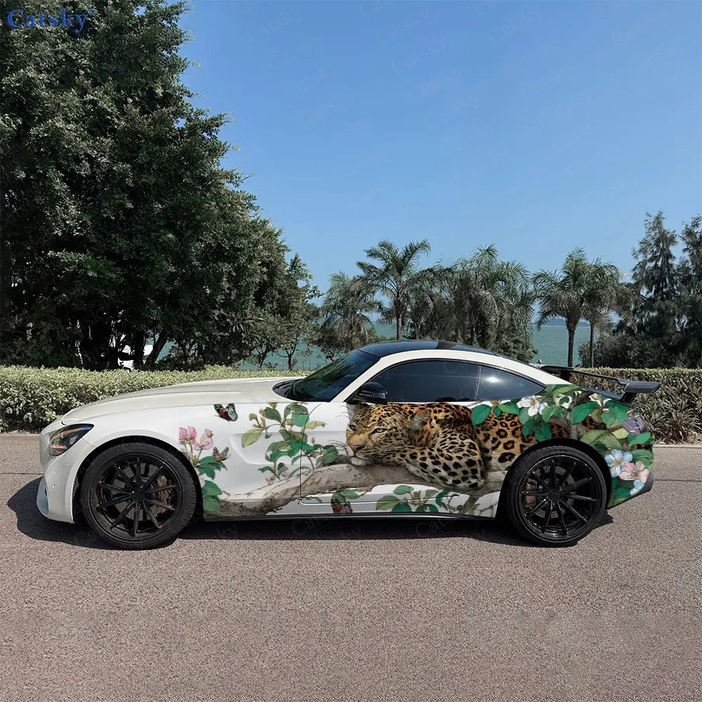 

2pcs Leopard On Branch And Butterfly, Durable, Fade-resistant, Enhance Vehicle Aesthetics With Artistic Design Car Vinyl Wraps