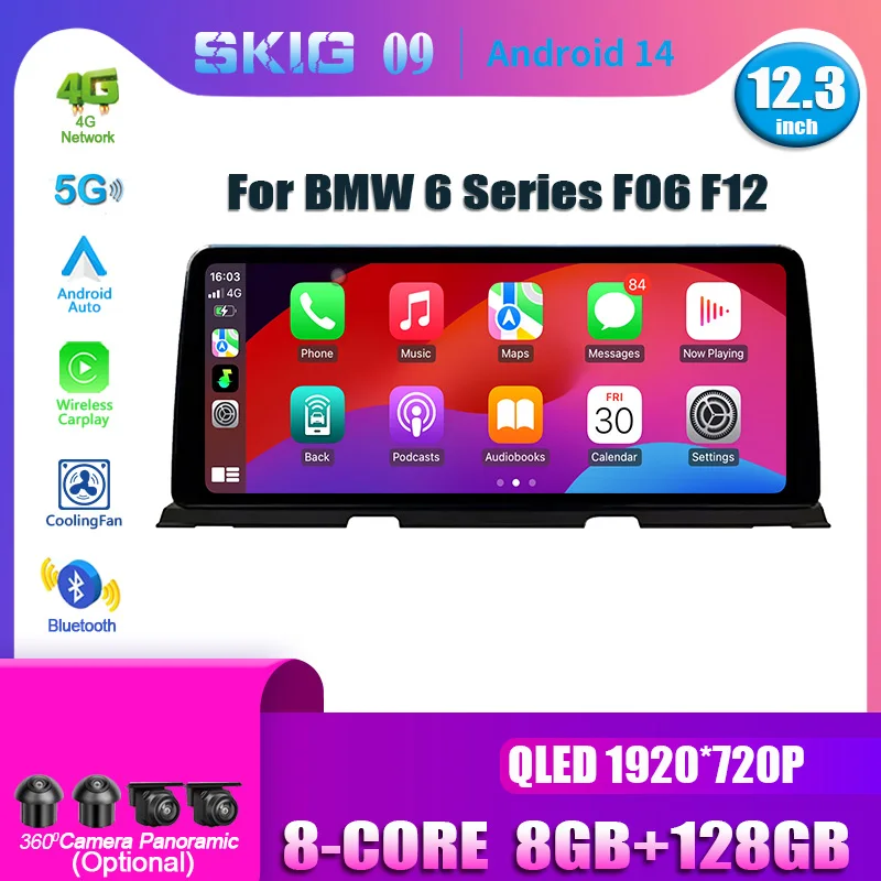 Stereo layar sentuh untuk BMW 6 Series F06 F12, Radio mobil navigasi Multimedia nirkabel Bluetooth Apple Carplay 12.3"