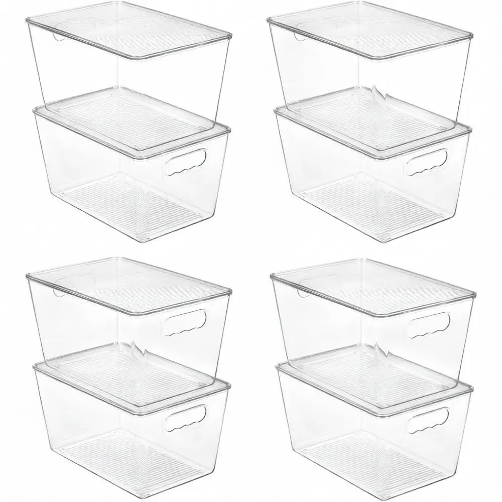 

Прозрачные штабелируемые контейнеры для хранения, большие пластиковые емкости, крышки, ручки, для организации кладовой, кухни, шкафов, ванной комнаты