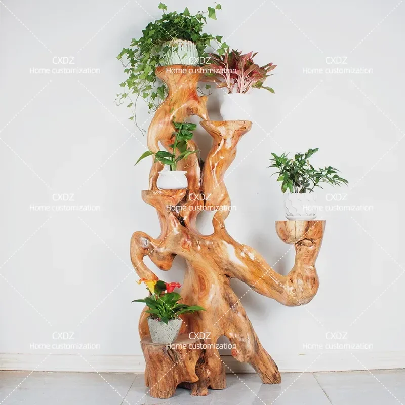 Natural Solid Wood Root Carving Flower Stand Multi Layer Shelf for Balcony Living Room Indoor Log Art Plant Pot Display Rack