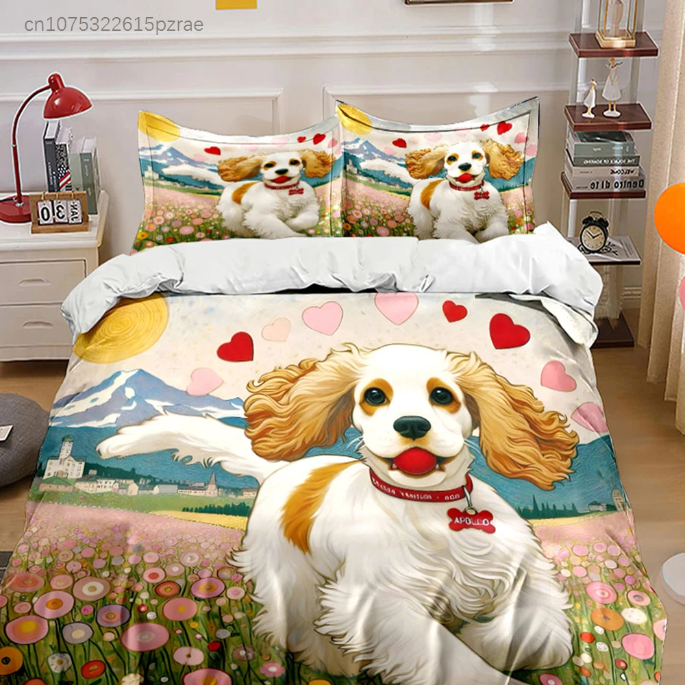 Cute Cavalier King Charles Spaniel In Flower Field 3PCS Bedding Set Soft Bed Sheet Pillowcase Set For Dog Lovers Bedroom Decor