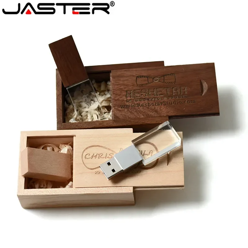 Crystal USB Flash Drives 128GB Free Custom Logo Memory Stick Photography Wedding Gift Pen Drive 64GB Wooden Box Pendrive 32GB