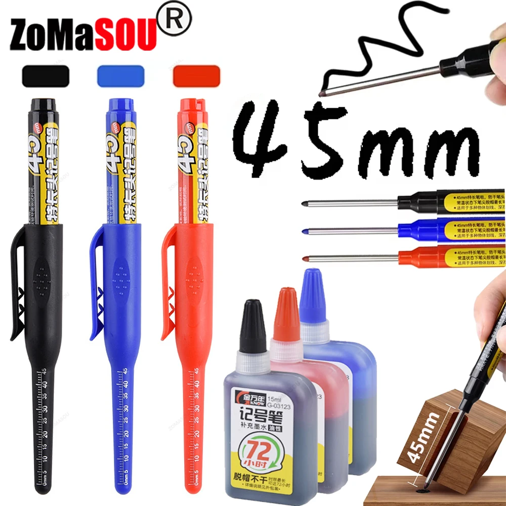 

45mm Waterproof Long Head Nib Deep Hole Markers Pen Tile Carpenter Pen Multi-purpose for Woodworking Black/Blue/Red Ink