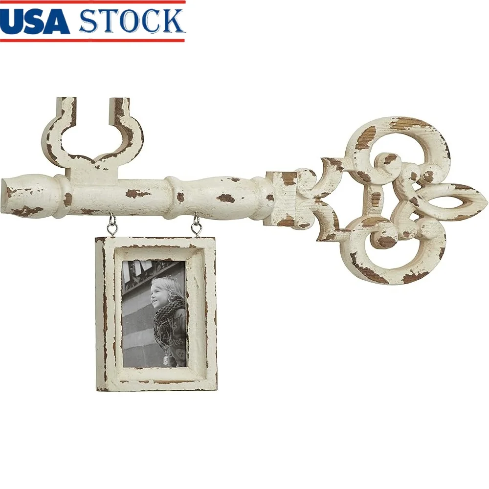 Marco de imagen colgante con llave antigua, decoración de pared, 25x14,5, madera de abeto china, acabado desgastado, estilo Vintage, fácil montaje
