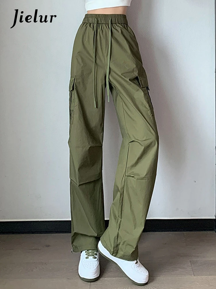 

Jielur Vintage American Drawstring Casual Women Cargo Pants New Autumn Basic High Waist 4-colors Straight Female Wide Leg Pants
