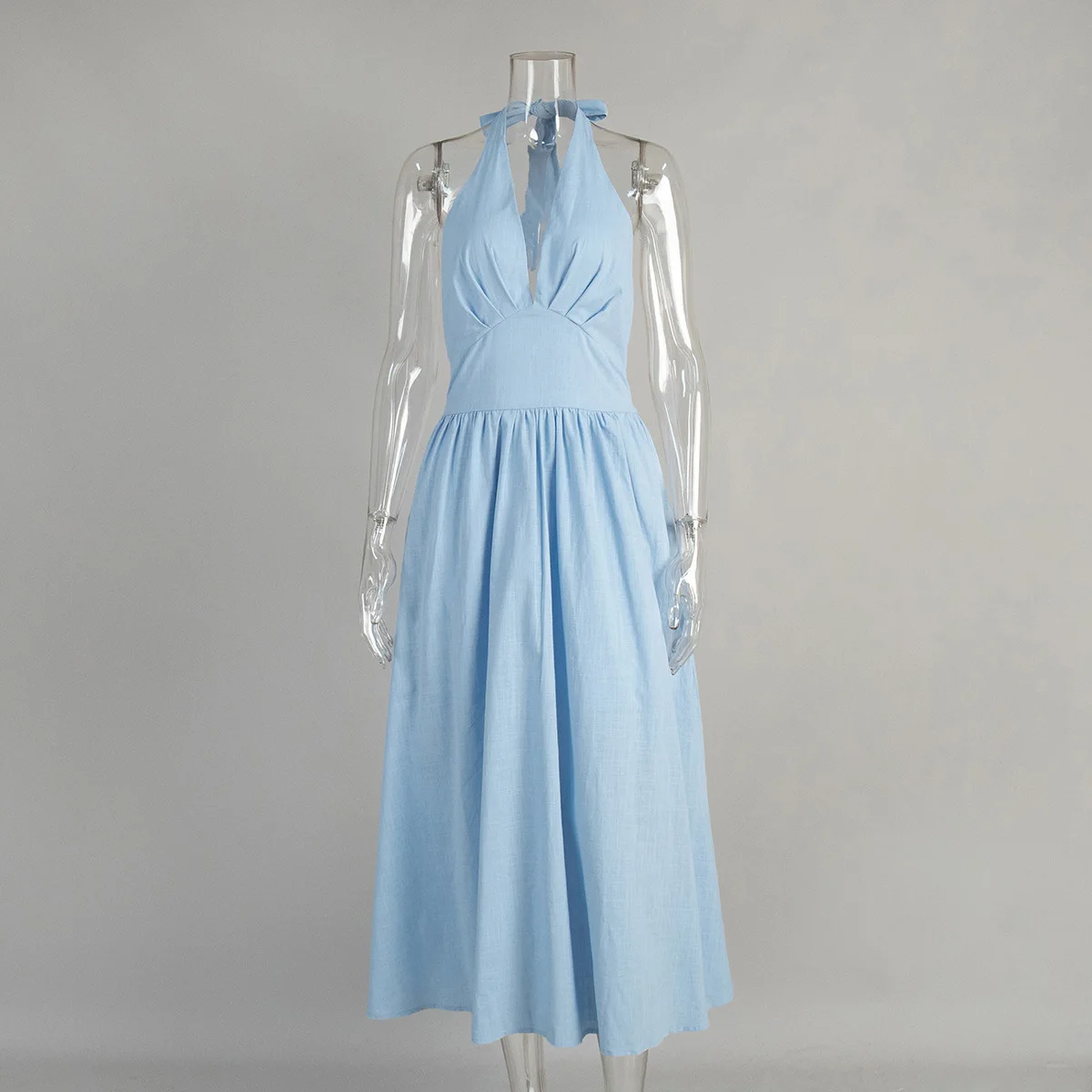 Sister Star Sommer Lässige Taille V-Ausschnitt Krawatte Lange Swing-Kleider Großhandel Bequeme einfarbige dünne Kleider mit hoher Taille