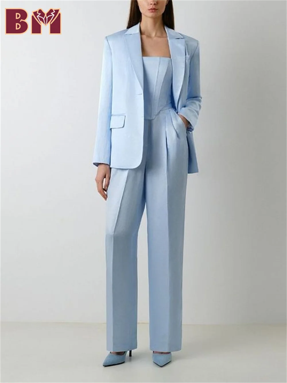 BRLMALL-2PCS Fashion Notched Lapel Women Suit Set Jacket Pants 2025 Elegant Sky Blue Women Suit Customized Women Office Suit