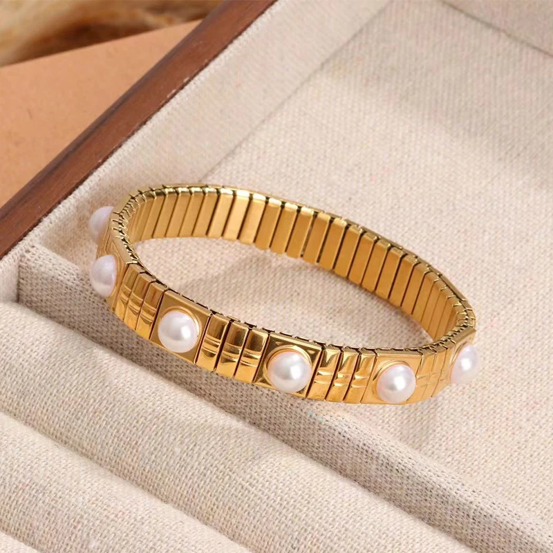 Loe| Korean Fashion Elastic Pearl Bracelet. Stainless Steel .Casual Sport Jewelry. New 2024