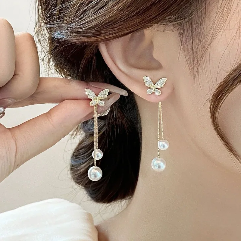 Zircon butterfly earrings for women, unique design, long pearl drop earrings, new trendy and stylish earrings