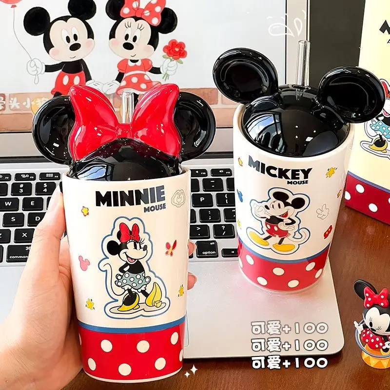 Taza de paja con tapa de cerámica con dibujos animados de Mickey de Disney, creativa para hombres y mujeres, parejas, taza de café para el hogar y la Oficina, regalo