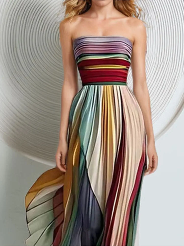 

2026 Women's Summer Printing Patchwork Irregular Stripes Maxi Dress Fashion Off Shoulder Sleeveless Breast Holiday Party Dresses