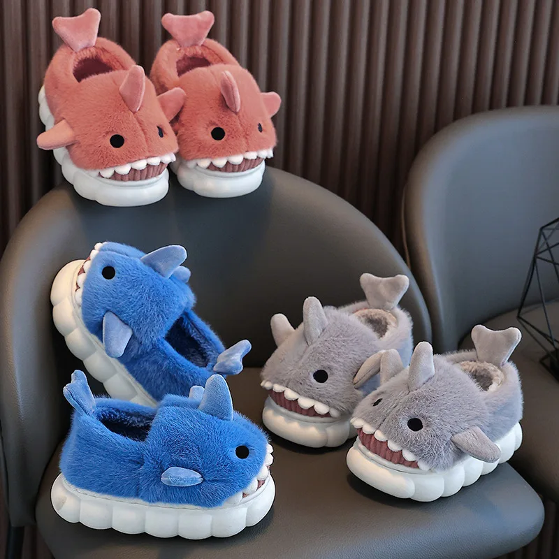 Winter Heel Wrap Cotton Children's Slippers Cute Cartoon Shark Non-slip Soft Sole Kids Boys Girls Junior Warm Plush Home Shoes