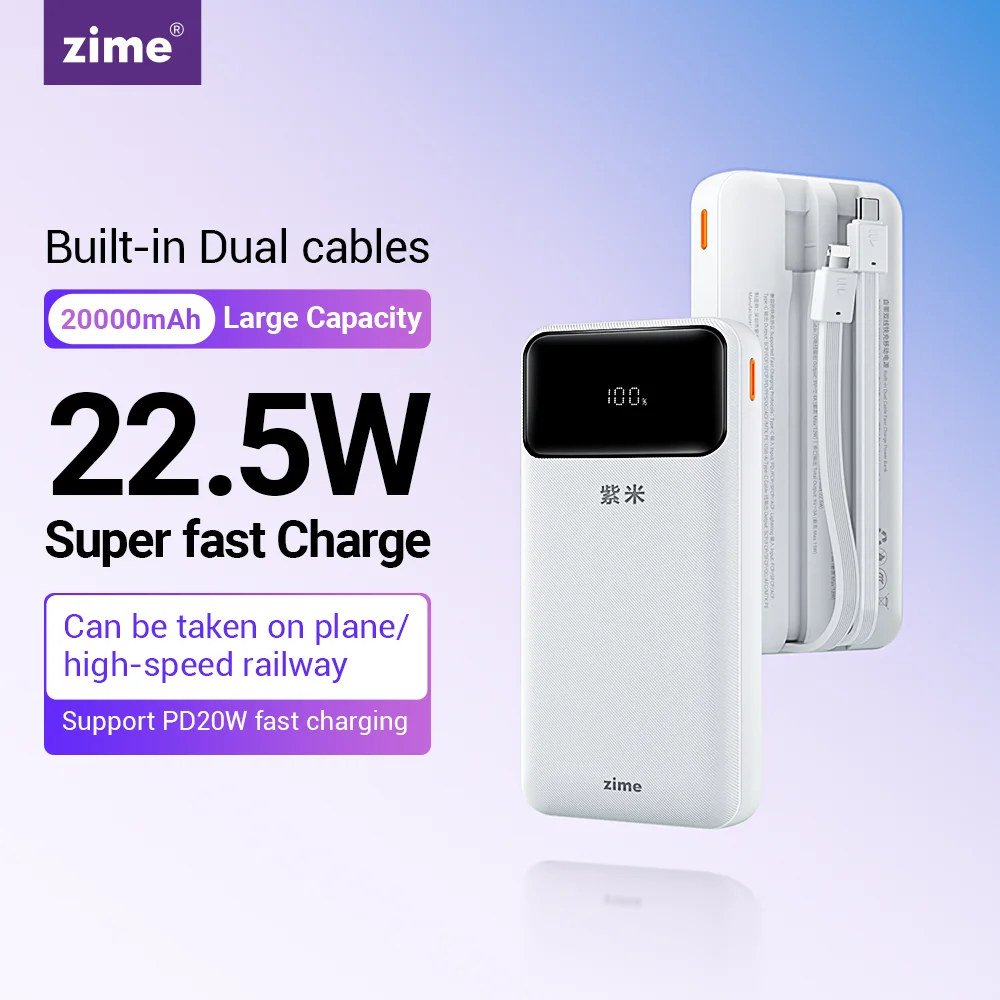 

zime Powerbank 20000mAh 22.5W SCP Built-in Cable Fast Charge Powerbank 10000mAh External Battery PD 20W For iPhone and Xiaomi