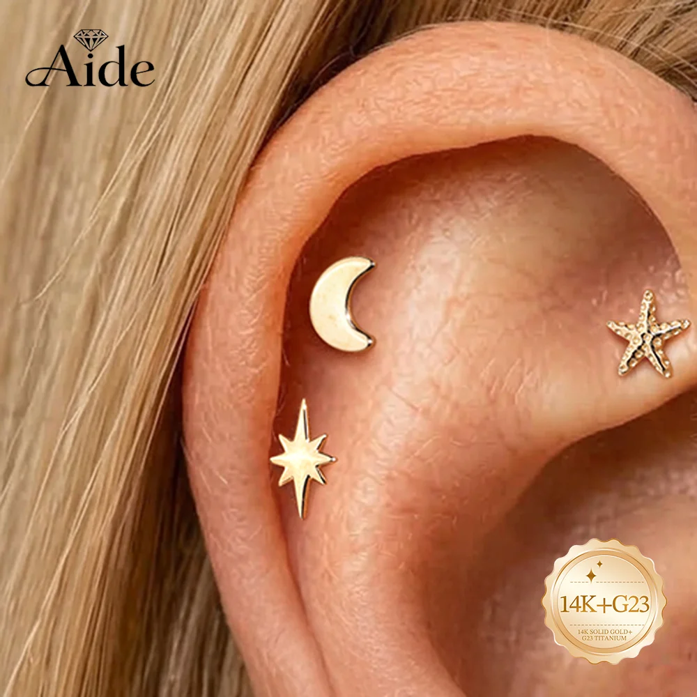AIDE 14K Solid Gold Glossy Star/Moon/Starfish Piercing Earrings Women's G23 Titanium Flat Back Ear Bone Nail  Bridal Jewelry