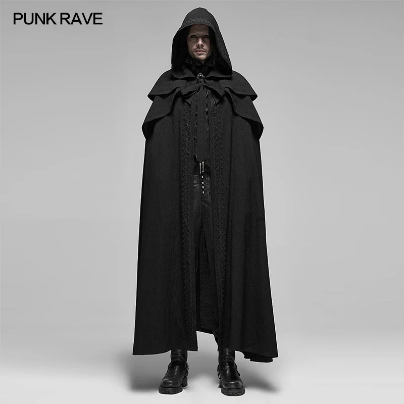 

PUNK RAVE Men's Rococo Simple Long Cloak Cascading Effect Pendant Decoration Hooded Windproof Coat with