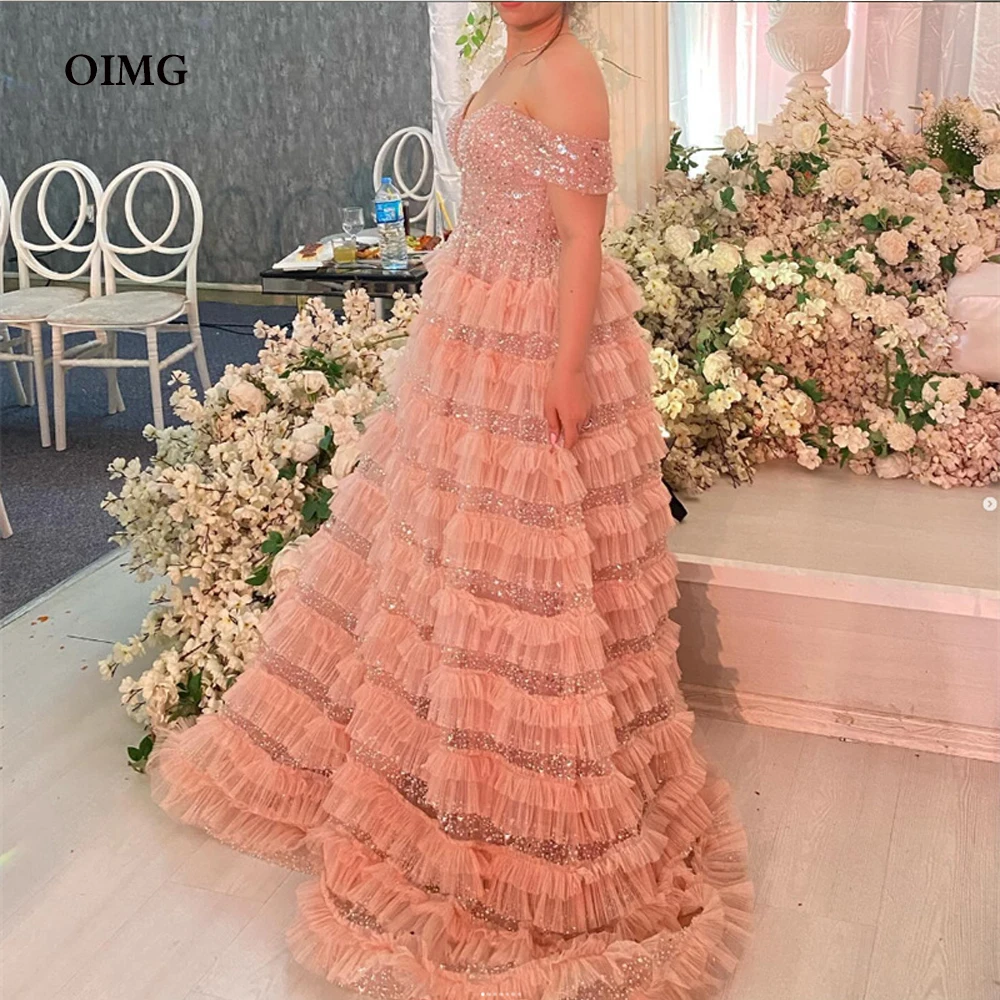 OIMG Pink Shiny Sequins Tiered Evening Dresses Off Shoulder Tulle Ruched Sweetheart Prom Fashion Celebrity Formal Party Robe