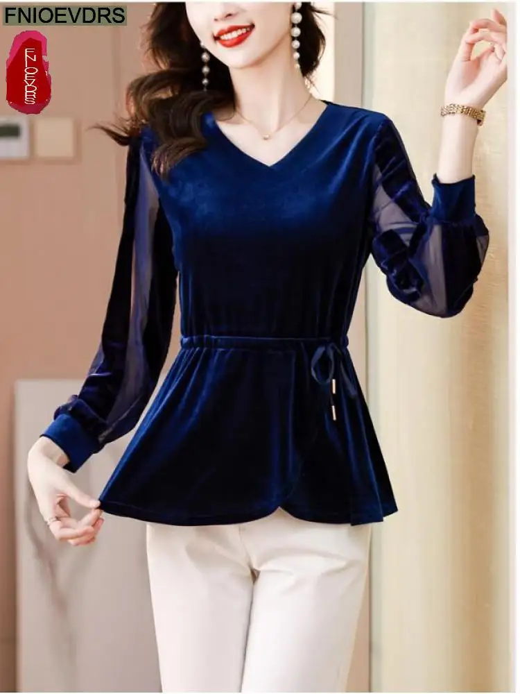 M-5XL Ruffles Bow Tunic Tops 2023 Women Long Sleeve Elegant Office Lady Belly Design Bling Button Warm Velvet Peplum Top Blouses