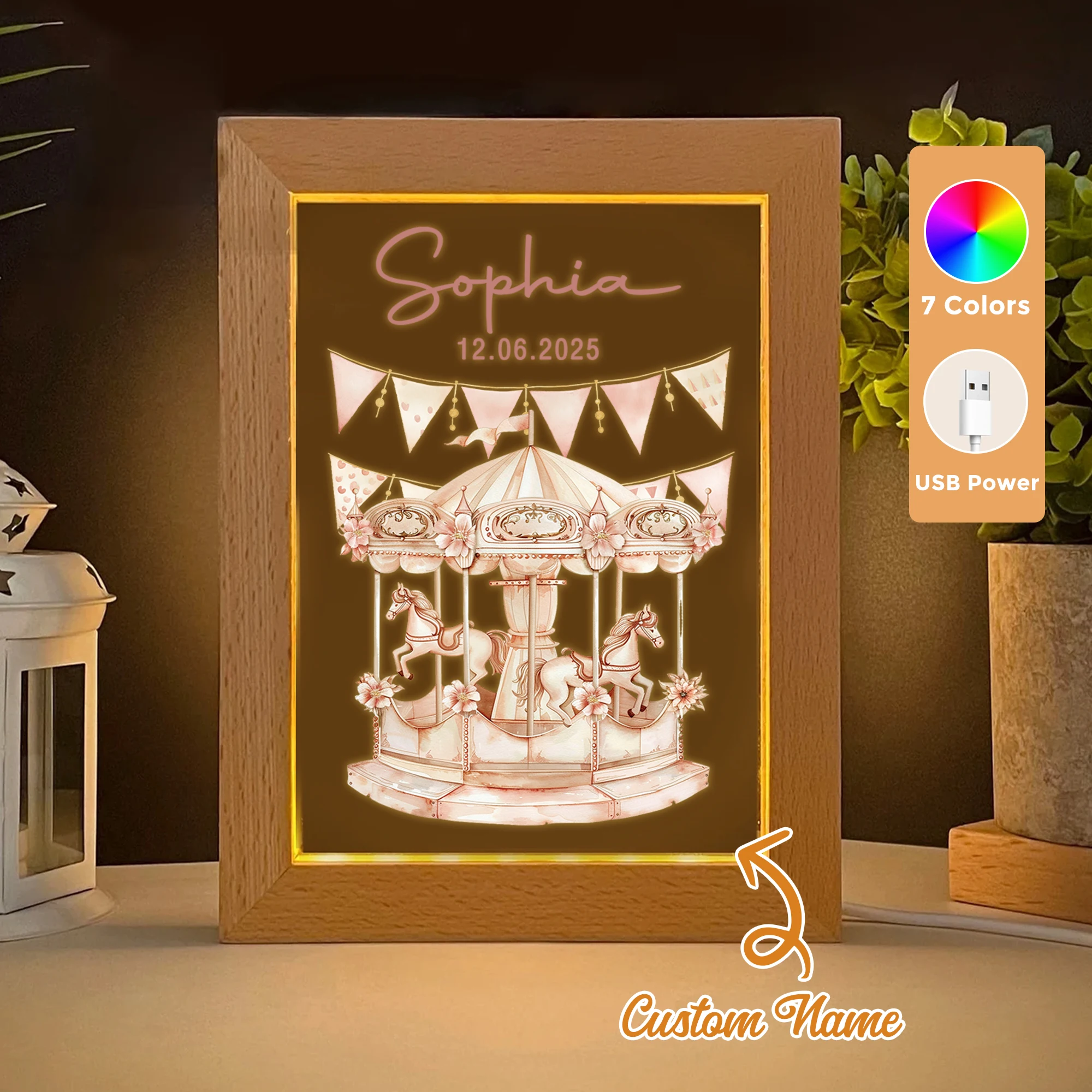 

2D Flat Custom Name Pink Carousel LED Acrylic Night Light Wood Photo Frame 21x17cm Child Bedroom Gifts Home Decor