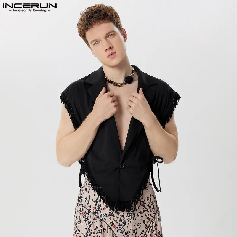 Men Irregular Vests Tassel Patchwork Lapel Sleeveless One Button Waistcoats 2024 Streetwear Lace Up Fashion Casual Vests INCERUN