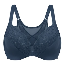 Women's Front Closure Bras Posture Plus Size Full Coverage Lace Underwire Unlined Bra