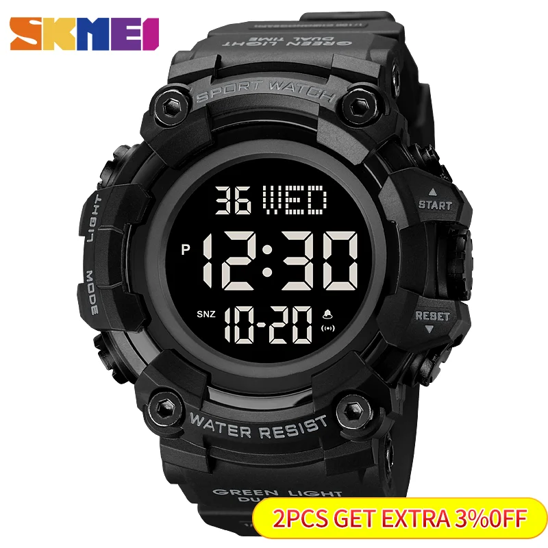 SKMEI Large Dial Stopwatch Sport Watches Mens LED Light Digital Wristwatches 5Bar Waterproof Countdown Clock reloj hombre 1968