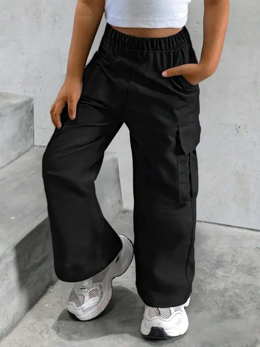 

Kids Solid Black Wide-Leg Cargo Pants with Elastic Waist, Poly Fabric
