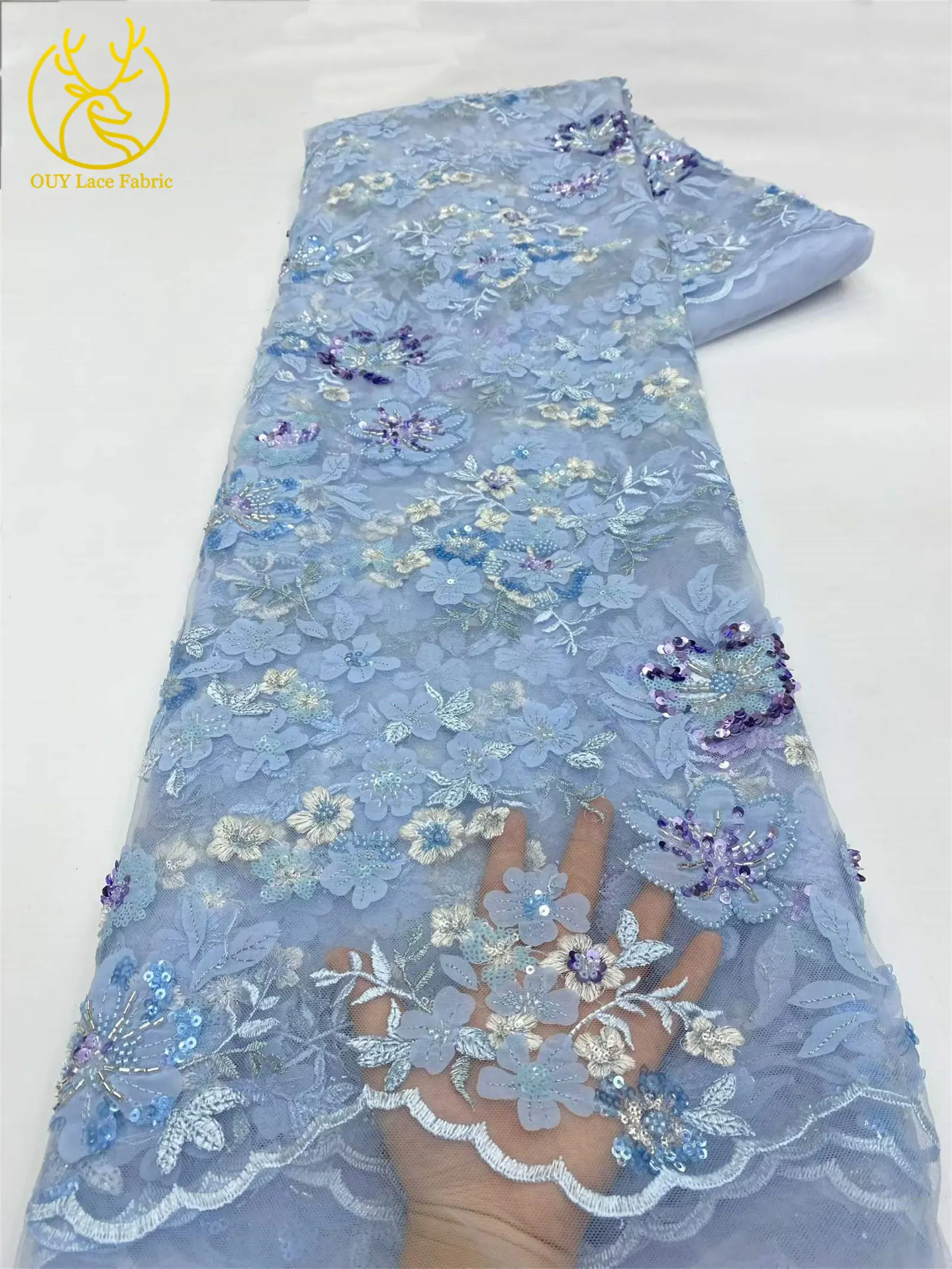 Eleganter Spitzenstoff mit Blumenstickerei und Pailletten, französischer Tüll mit Perlen, afrikanischer Spitzenstoff, nigerianische Spitze für Party- und Ballkleider – Detail 14