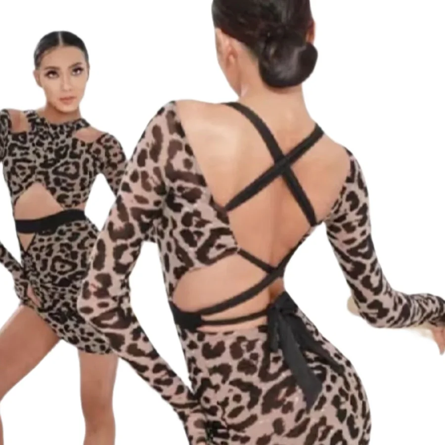 

Girls Latin Dance Training Clothes Kid Latin Practice Wear Long Sleeve Leotard Leopard Print Bodysuit Cha Cha Rumba Costume