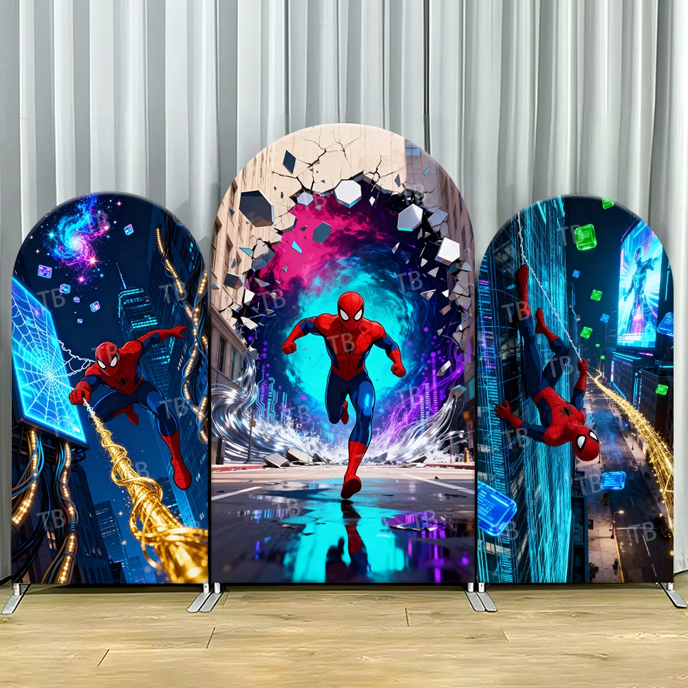 

Spider-Man Multiverse Arch Backdrop Cover Neon Scene For Kids Birthday Party Dynamic Cartoon Theme Photo Booth Decor Prop