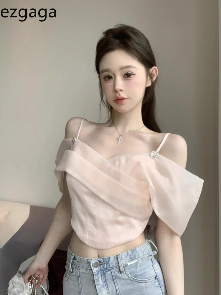 Ezgaga Blousewomen Sweet Sexy Ruffles Slash Neck Slim Backless Off Shoulder Crop Tops Mesh Summer Casual Female Shirts