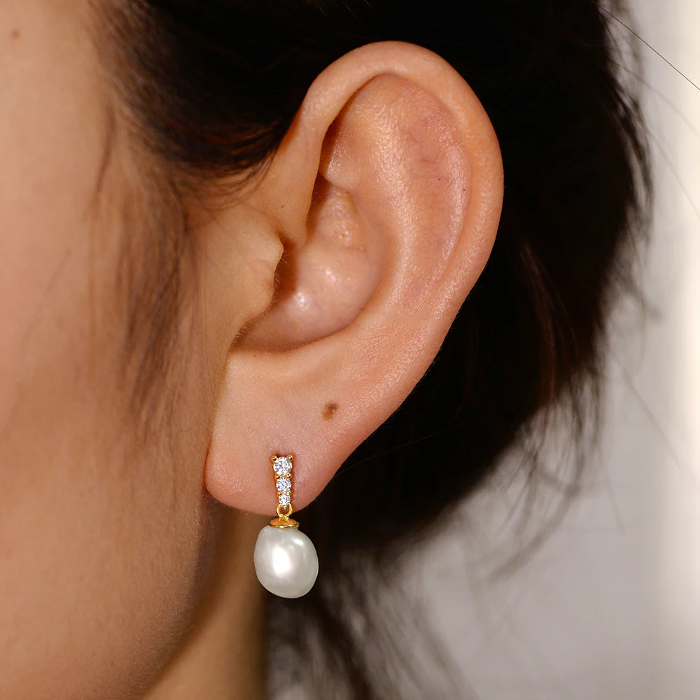S925 Sterling Silver Natural Freshwater Baroque Pearl Earrings Women Fashion Minimalist Micro-Set Zircon Studs
