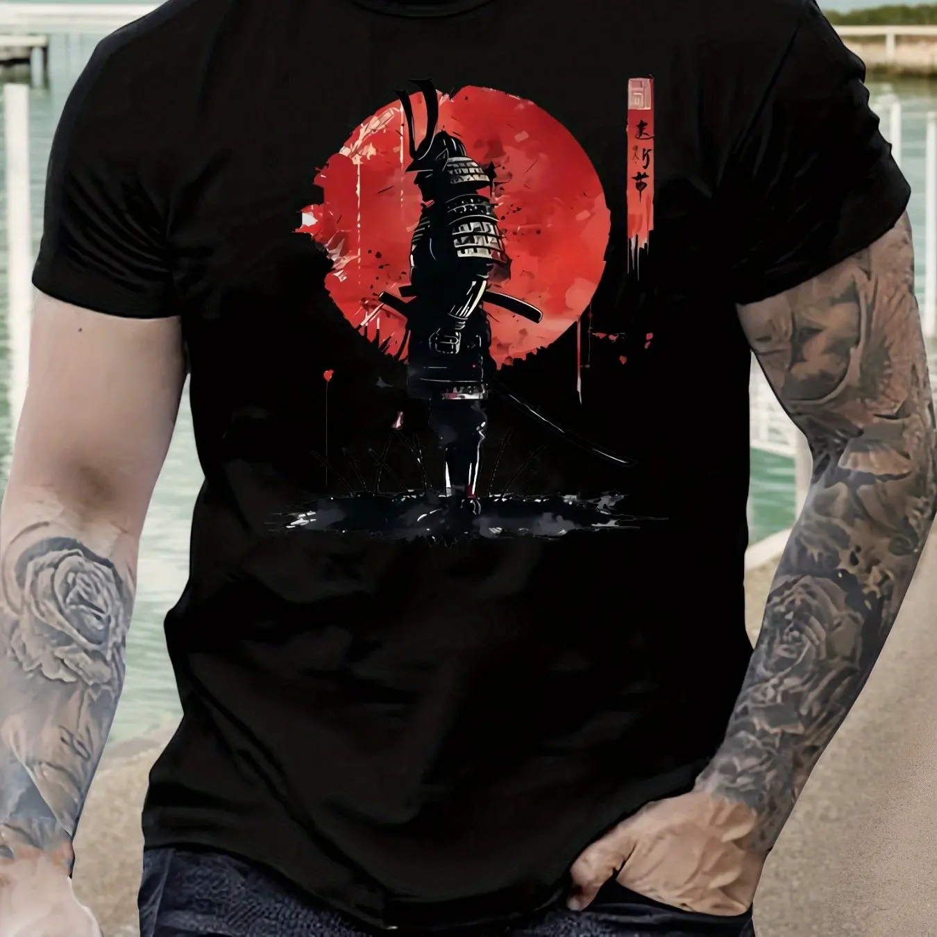 Camiseta masculina com estampa de samurai japonês, círculo vermelho negrito, design de espada, respirável, verão, casual, ajuste regular, gola redonda, manga curta