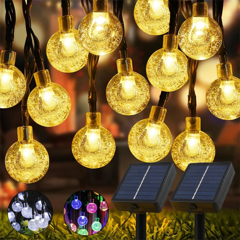 Guirlandes solaires d'extérieur 60 LED Lumières de globe en cristal étanches 8 modes Alimentées par énergie solaire pour patio Jardin Fête Décoration d'arbre
