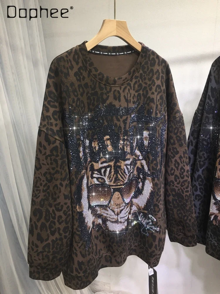 

European Goods Heavy Industry Hot Diamond Sweatshirs Female Tiger Head Leopard Print Loose Mid Length Top Autumn and Winter