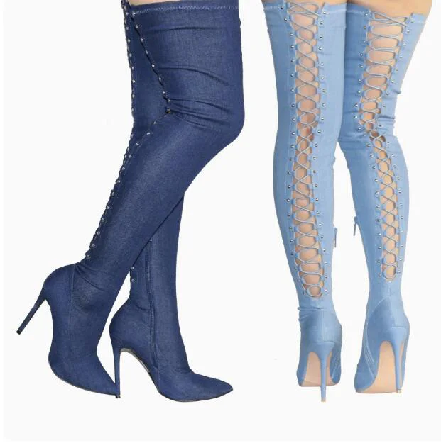 

Blue Denim Back elastic cross bandage Thigh Boots pointed Toe thin high heels over the knee Boots Femininas cow boy botas