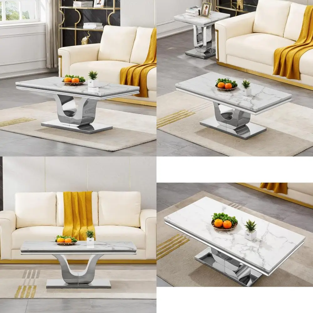 

Elegant White Marble Coffee Table with Polished Stainless Steel Base, 47 Rectangular for Living Room or Bedroom