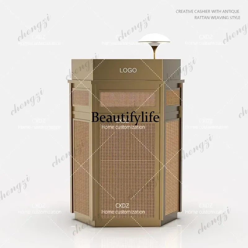 Welcome desk Reception desk, simple modern restaurant checkout page Hexagonal rattan stainless steel checkout page